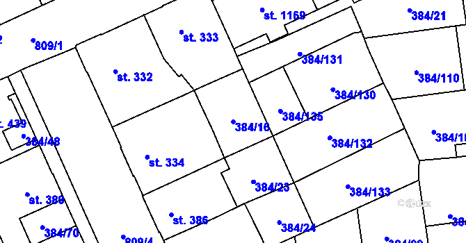 Parcela st. 384/16 v KÚ Hodolany, Katastrální mapa