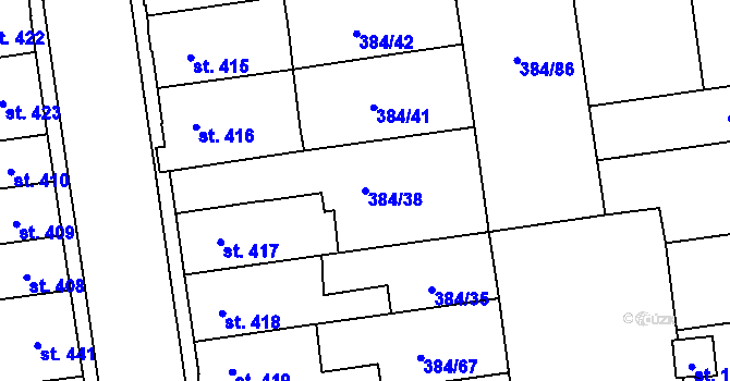 Parcela st. 384/38 v KÚ Hodolany, Katastrální mapa