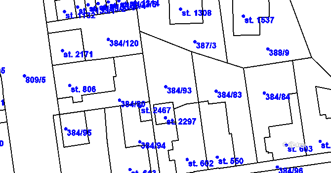 Parcela st. 384/93 v KÚ Hodolany, Katastrální mapa