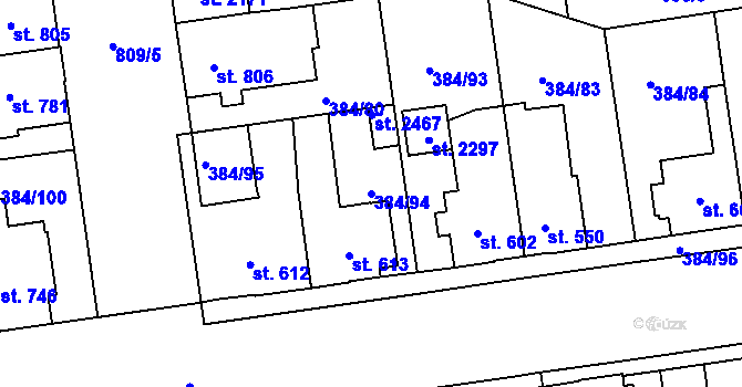 Parcela st. 384/94 v KÚ Hodolany, Katastrální mapa