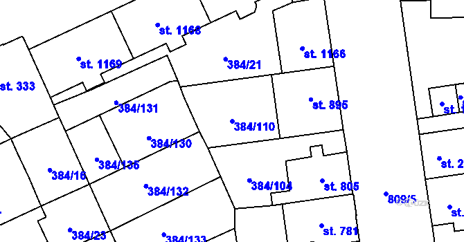 Parcela st. 384/110 v KÚ Hodolany, Katastrální mapa