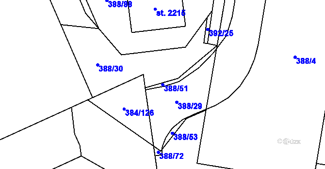 Parcela st. 388/51 v KÚ Hodolany, Katastrální mapa