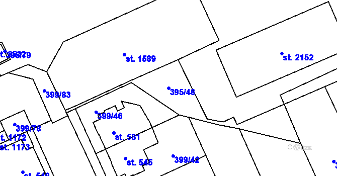 Parcela st. 395/48 v KÚ Hodolany, Katastrální mapa