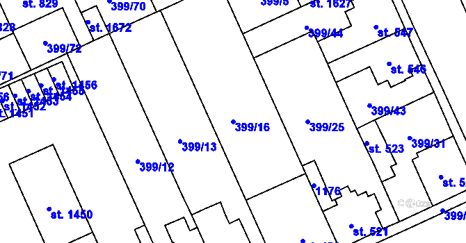 Parcela st. 399/16 v KÚ Hodolany, Katastrální mapa