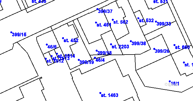 Parcela st. 399/18 v KÚ Hodolany, Katastrální mapa
