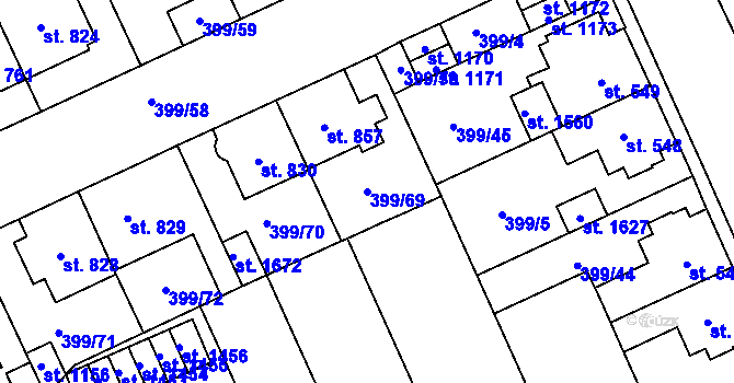 Parcela st. 399/69 v KÚ Hodolany, Katastrální mapa
