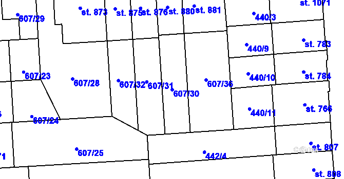 Parcela st. 607/30 v KÚ Hodolany, Katastrální mapa