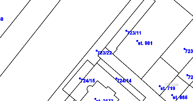 Parcela st. 723/22 v KÚ Hodolany, Katastrální mapa