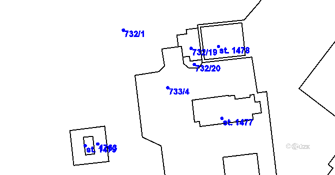 Parcela st. 733/4 v KÚ Hodolany, Katastrální mapa