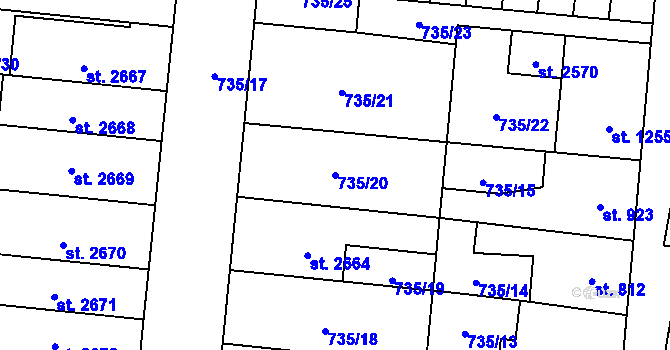 Parcela st. 735/20 v KÚ Hodolany, Katastrální mapa