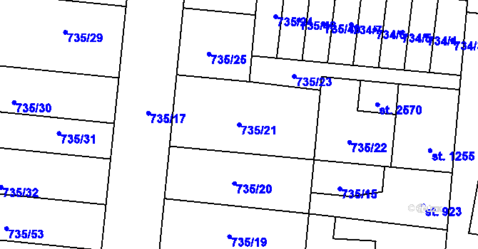 Parcela st. 735/21 v KÚ Hodolany, Katastrální mapa