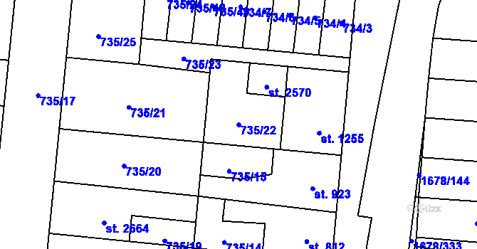 Parcela st. 735/22 v KÚ Hodolany, Katastrální mapa