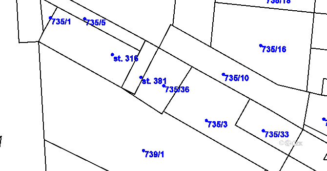 Parcela st. 735/36 v KÚ Hodolany, Katastrální mapa