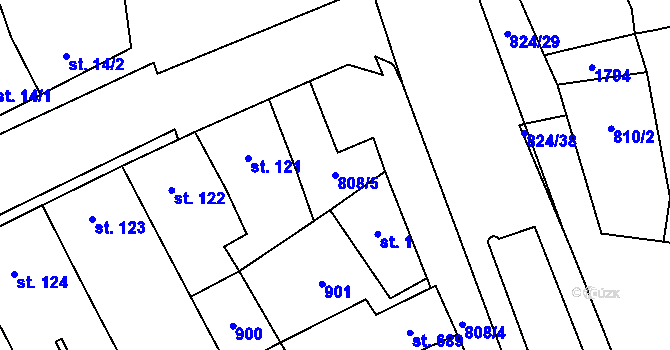 Parcela st. 808/5 v KÚ Hodolany, Katastrální mapa