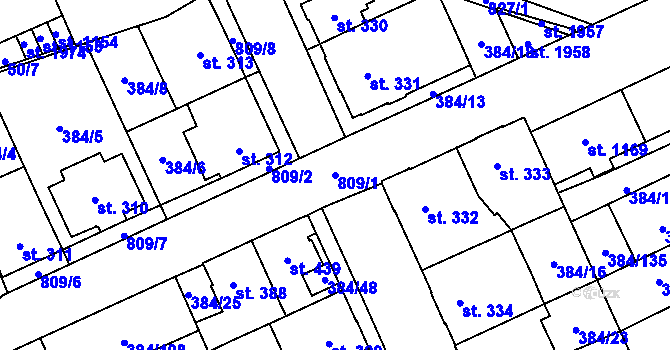 Parcela st. 809/1 v KÚ Hodolany, Katastrální mapa