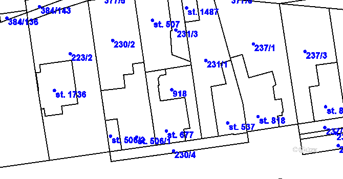Parcela st. 918 v KÚ Hodolany, Katastrální mapa