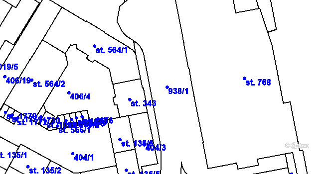 Parcela st. 938/1 v KÚ Hodolany, Katastrální mapa