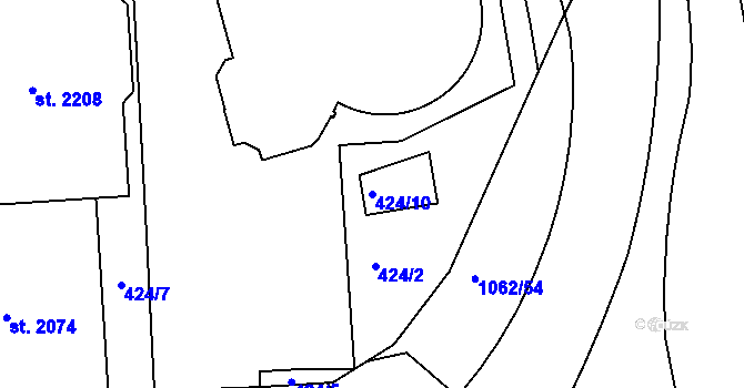 Parcela st. 424/10 v KÚ Hodolany, Katastrální mapa
