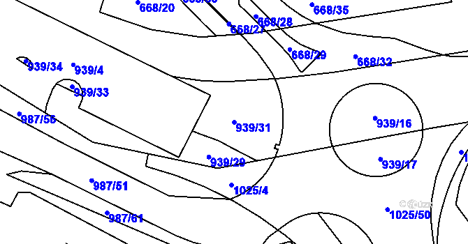 Parcela st. 939/31 v KÚ Hodolany, Katastrální mapa