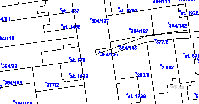 Parcela st. 384/136 v KÚ Hodolany, Katastrální mapa
