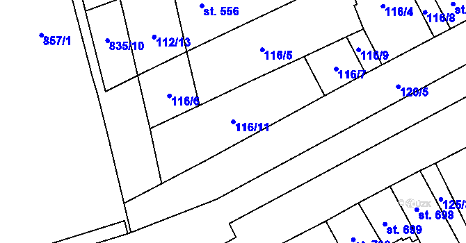 Parcela st. 116/11 v KÚ Hodolany, Katastrální mapa