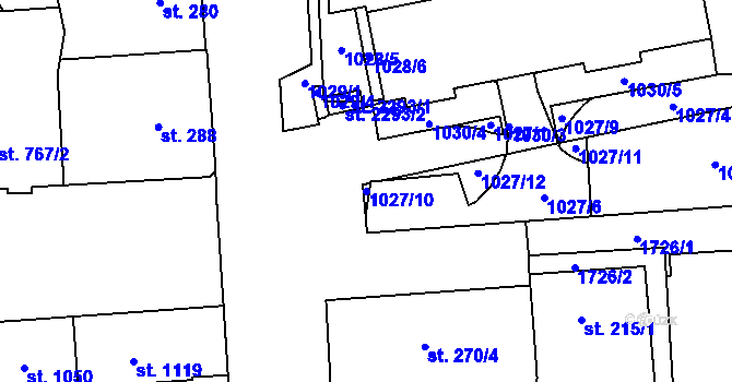 Parcela st. 1027/10 v KÚ Hodolany, Katastrální mapa