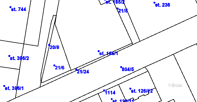Parcela st. 185/1 v KÚ Hodolany, Katastrální mapa