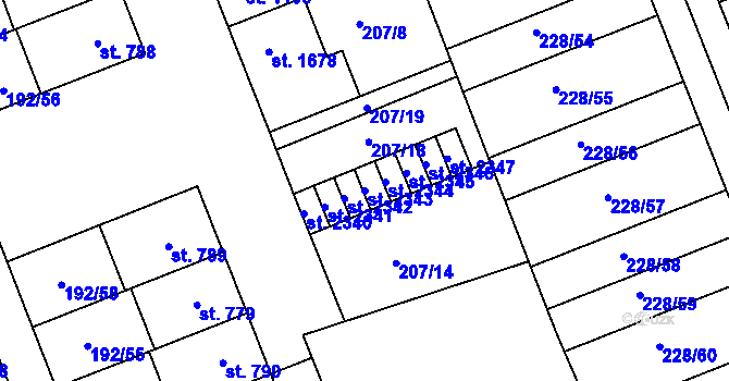 Parcela st. 2343 v KÚ Hodolany, Katastrální mapa