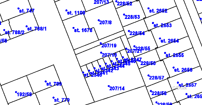 Parcela st. 207/18 v KÚ Hodolany, Katastrální mapa