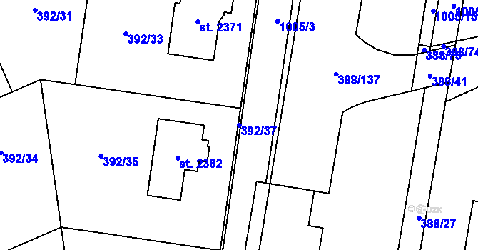 Parcela st. 392/37 v KÚ Hodolany, Katastrální mapa