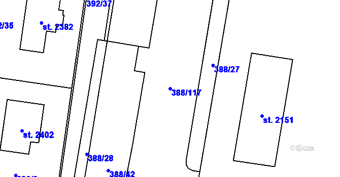 Parcela st. 388/117 v KÚ Hodolany, Katastrální mapa