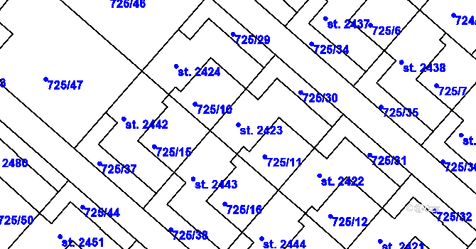 Parcela st. 2423 v KÚ Hodolany, Katastrální mapa