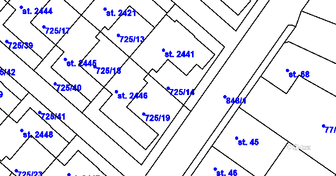 Parcela st. 725/14 v KÚ Hodolany, Katastrální mapa