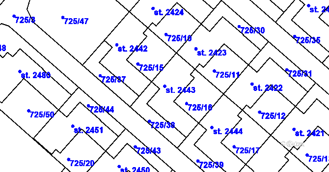 Parcela st. 2443 v KÚ Hodolany, Katastrální mapa