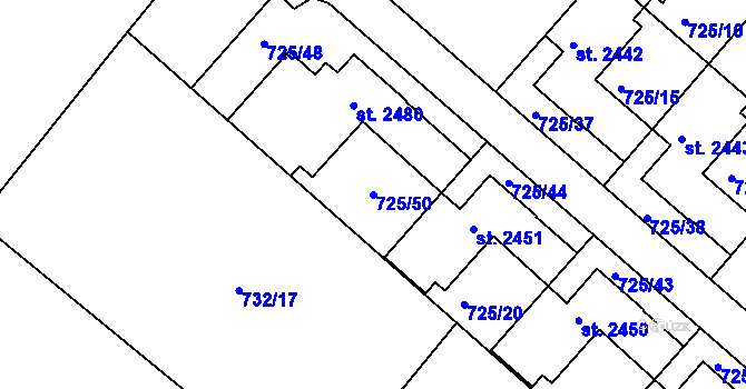 Parcela st. 725/50 v KÚ Hodolany, Katastrální mapa