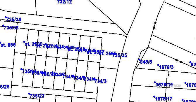 Parcela st. 2556 v KÚ Hodolany, Katastrální mapa