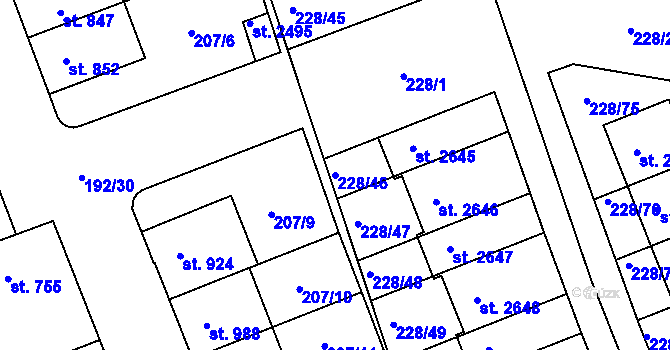 Parcela st. 228/46 v KÚ Hodolany, Katastrální mapa