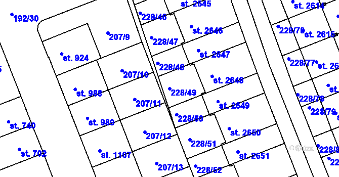 Parcela st. 228/49 v KÚ Hodolany, Katastrální mapa