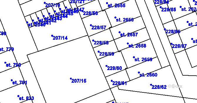 Parcela st. 228/59 v KÚ Hodolany, Katastrální mapa