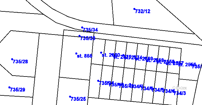 Parcela st. 2580 v KÚ Hodolany, Katastrální mapa