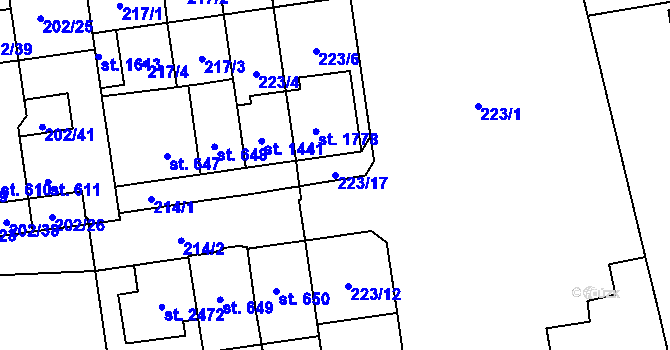 Parcela st. 223/17 v KÚ Hodolany, Katastrální mapa