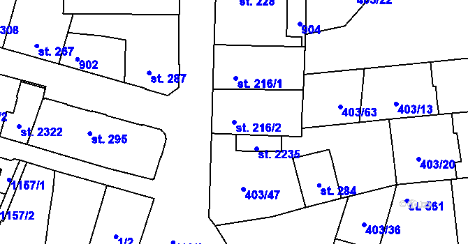 Parcela st. 216/2 v KÚ Hodolany, Katastrální mapa