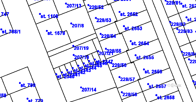 Parcela st. 207/21 v KÚ Hodolany, Katastrální mapa