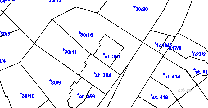 Parcela st. 381 v KÚ Bělidla, Katastrální mapa