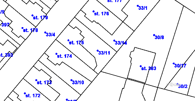 Parcela st. 33/11 v KÚ Bělidla, Katastrální mapa