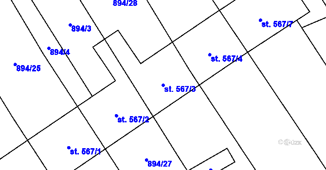 Parcela st. 567/3 v KÚ Chválkovice, Katastrální mapa