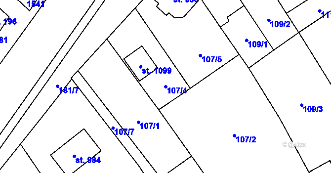 Parcela st. 107/4 v KÚ Chválkovice, Katastrální mapa