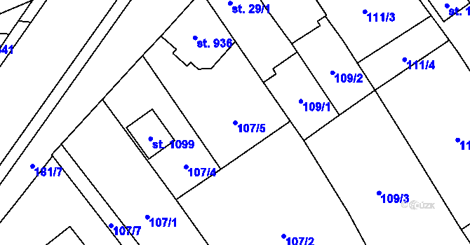 Parcela st. 107/5 v KÚ Chválkovice, Katastrální mapa