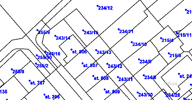 Parcela st. 243/13 v KÚ Chválkovice, Katastrální mapa