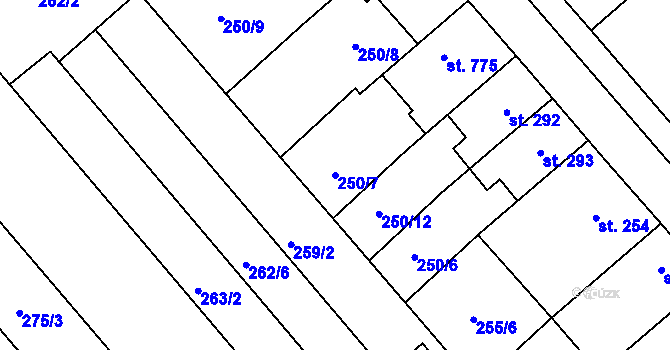 Parcela st. 250/7 v KÚ Chválkovice, Katastrální mapa